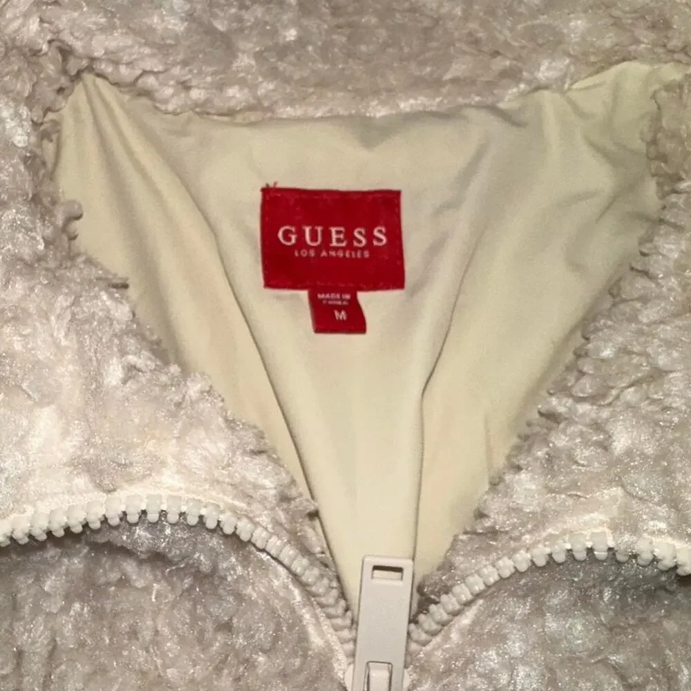 ⁠GUESS Sherpa Bomber Jacket Faux Fur Coat Cream Medium⁠